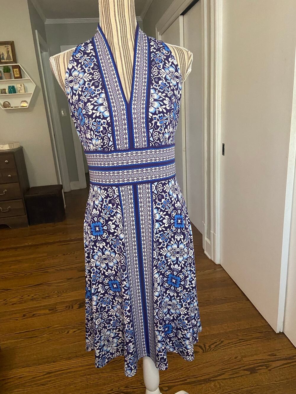 London Times navy multi print sleeveless drapey knit ldress